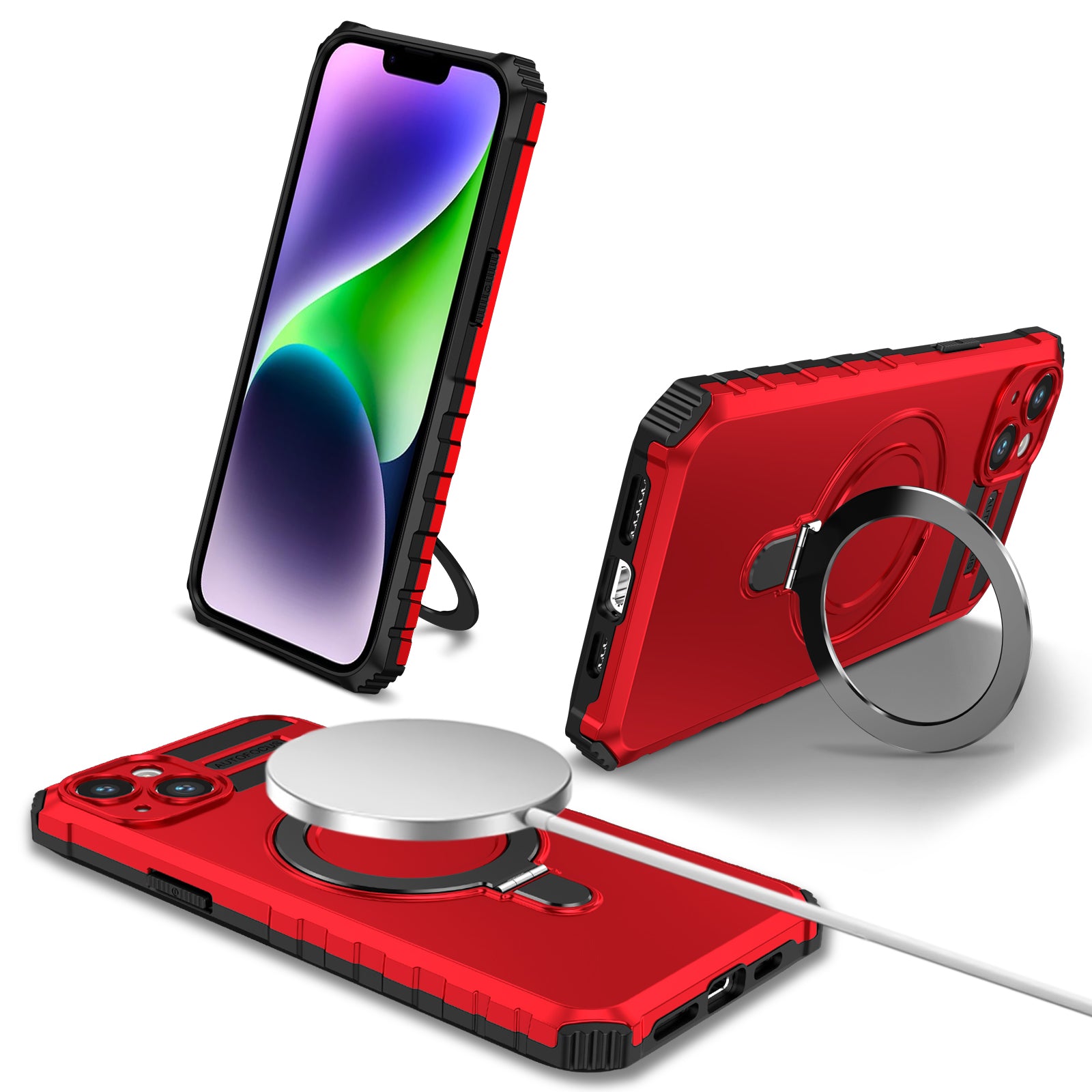 Anti-Drop Phone Cover for iPhone 14 Kickstand Case Compatible with MagSafe Charger TPU+PC Phone Case - Red Anti-Drop Phone Cover for iPhone 14 Kickstand Case Compatible with MagSafe Charger TPU+PC Phone Case - Red